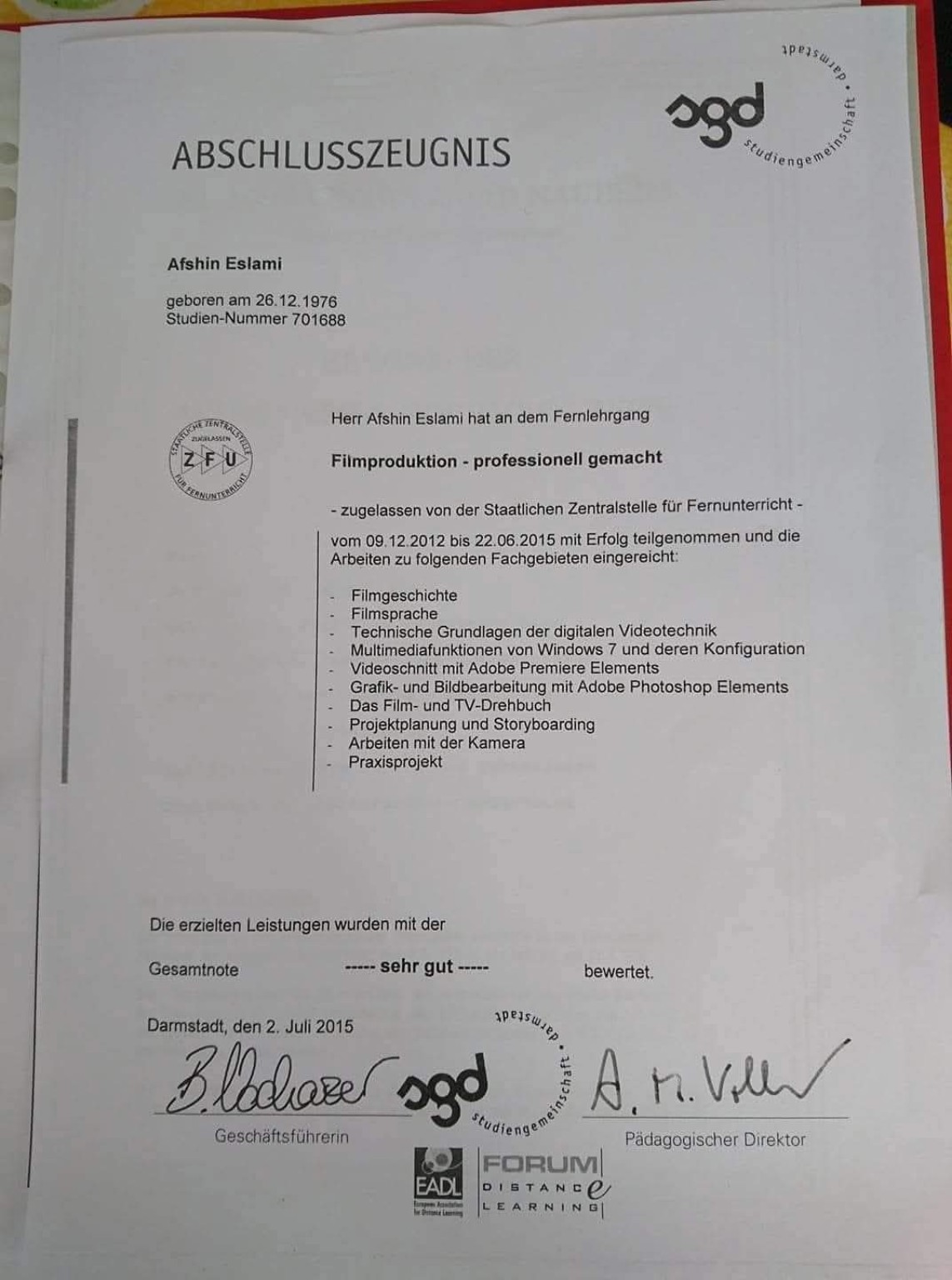 SGD completion certificate for Filmproduktion professionell gemacht